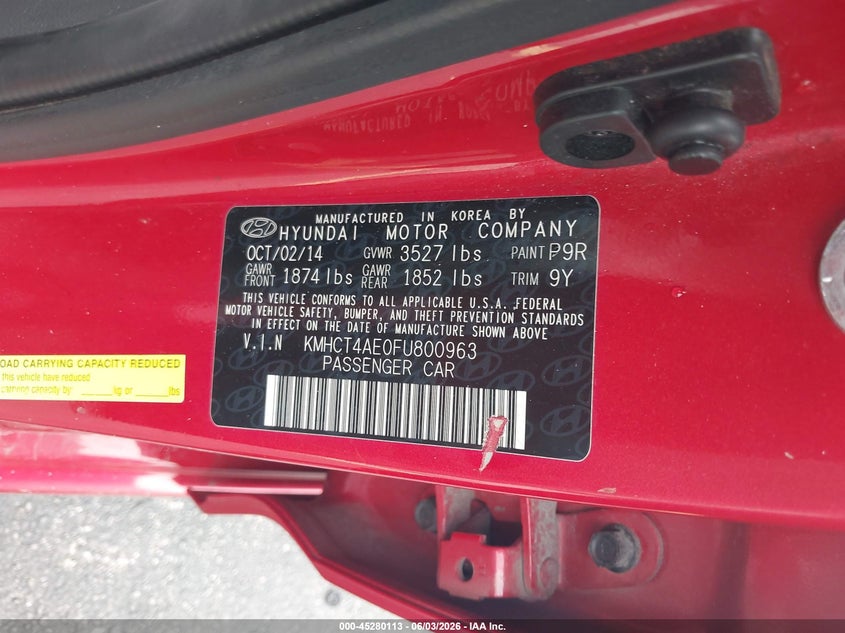 2015 Hyundai Accent VIN KMHCT4AE0FU800963 IAAI salvage auction — FRONT END, Salvage Title, sold $425 on 2026-07-23 (photo 9)