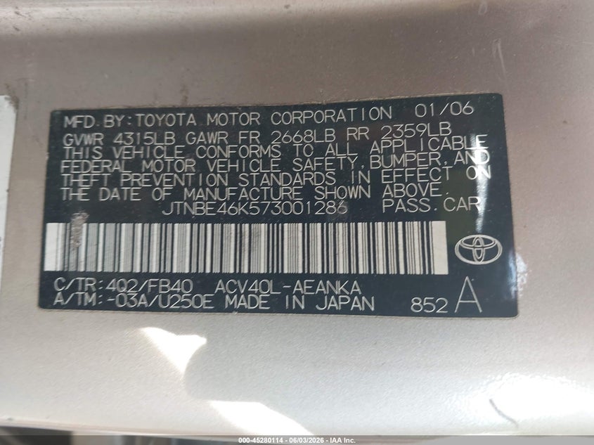 2007 Toyota Camry VIN JTNBE46K573001286 IAAI salvage auction — HAIL, Salvage (Missouri), sold $325 on 2026-07-13 (photo 9)