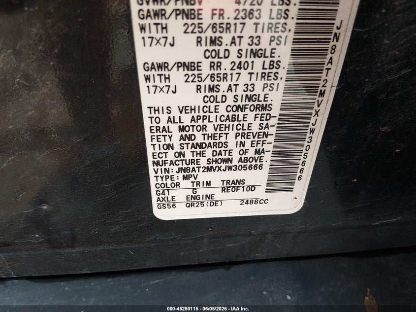 2018 Nissan Rogue VIN JN8AT2MVXJW305666 IAAI salvage auction — FRONT END, Salvage (Kansas), sold $2,000 on 2026-07-17 (photo 9)