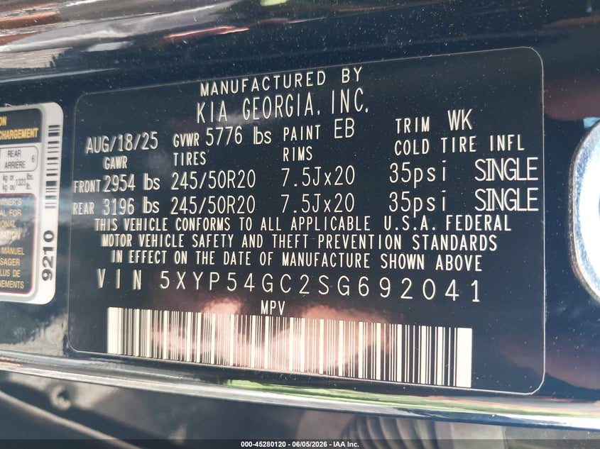 2025 Kia Telluride VIN 5XYP54GC2SG692041 IAAI salvage auction — FRONT END, Salvage Title, sold $12,775 on 2026-07-21 (photo 9)