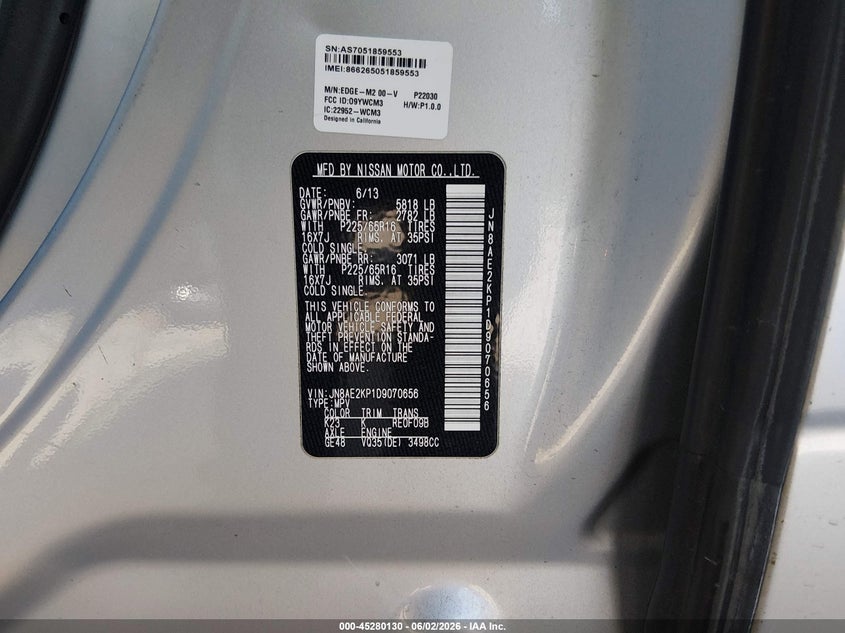 2013 Nissan Quest VIN JN8AE2KP1D9070656 IAAI salvage auction — REAR END, Salvage Title, sold $950 on 2026-07-15 (photo 9)