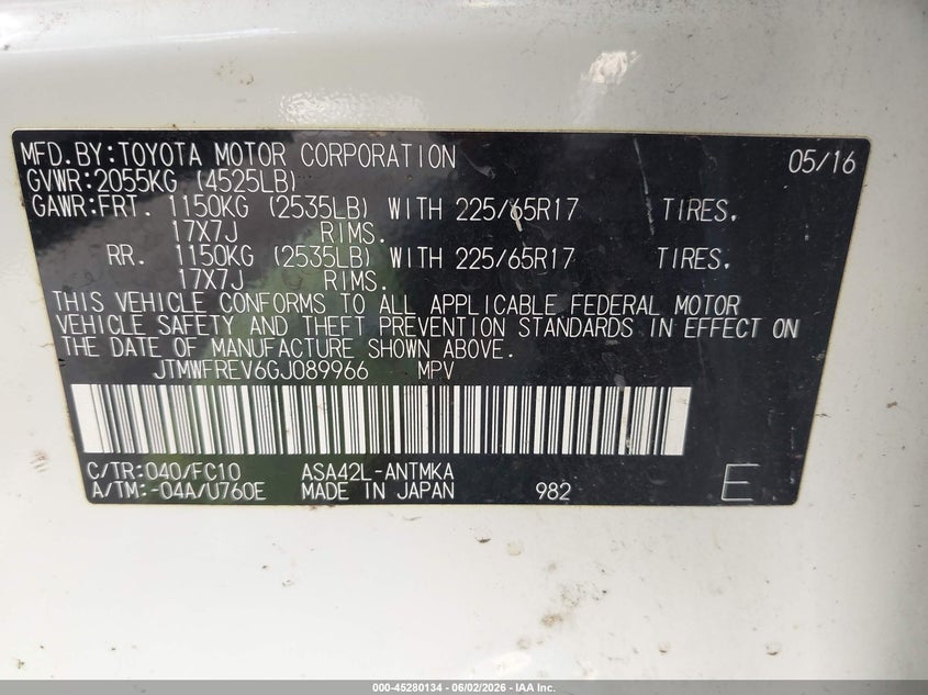 2016 Toyota Rav 4 VIN JTMWFREV6GJ089966 IAAI salvage auction — LEFT FRONT, Salvage Title, sold $4,500 on 2026-07-11 (photo 9)