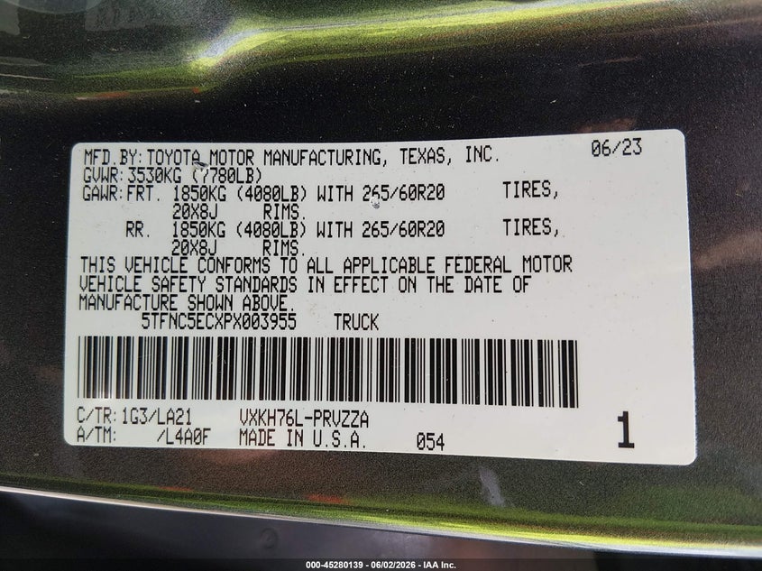 2023 Toyota Tundra VIN 5TFNC5ECXPX003955 IAAI salvage auction — FRONT END, Salvage Title, sold $15,300 on 2026-07-06 (photo 9)