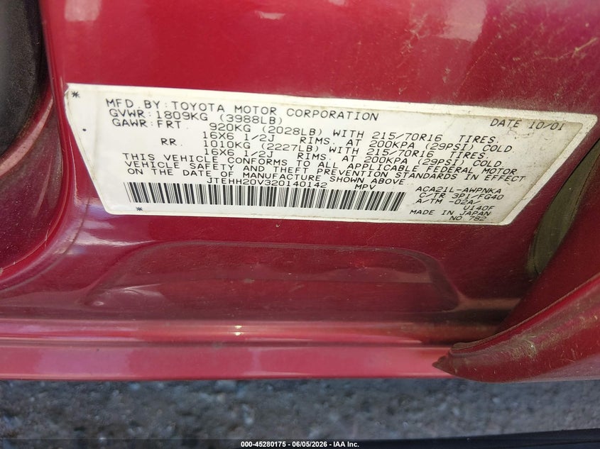 2002 Toyota Rav4 VIN JTEHH20V320140142 IAAI salvage auction — NORMAL WEAR, Clear (New Jersey), sold $125 on 2026-07-28 (photo 9)