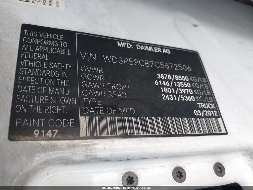 2012 Mercedes-benz Sprinter VIN WD3PE8CB7C5672506 IAAI salvage auction — LEFT & RIGHT, Clear (Pennsylvania), sold $2,025 on 2026-07-29 (photo 9)