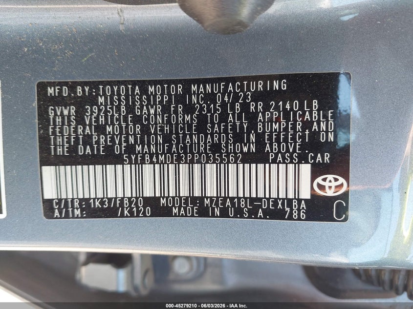 2023 Toyota Corolla VIN 5YFB4MDE3PP035562 IAAI salvage auction — LEFT FRONT, Salvage Title, sold $2,100 on 2026-07-28 (photo 9)