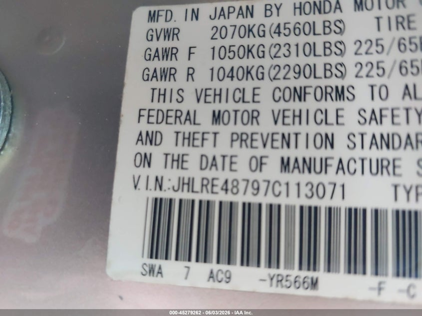 2007 Honda Cr-v VIN JHLRE48797C113071 IAAI salvage auction — FRONT END, Clear (Virginia), sold $1,500 on 2026-07-12 (photo 9)
