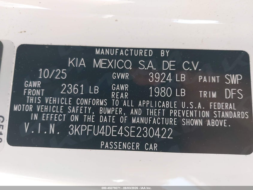2025 Kia K4 VIN 3KPFU4DE4SE230422 IAAI salvage auction — FRONT END, Salvage Title, sold $7,100 on 2026-07-27 (photo 9)