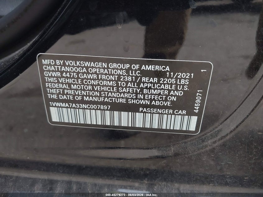 2022 Volkswagen Passat VIN 1VWMA7A33NC007897 IAAI salvage auction — FRONT END, Salvage Title, sold $2,200 on 2026-07-22 (photo 9)