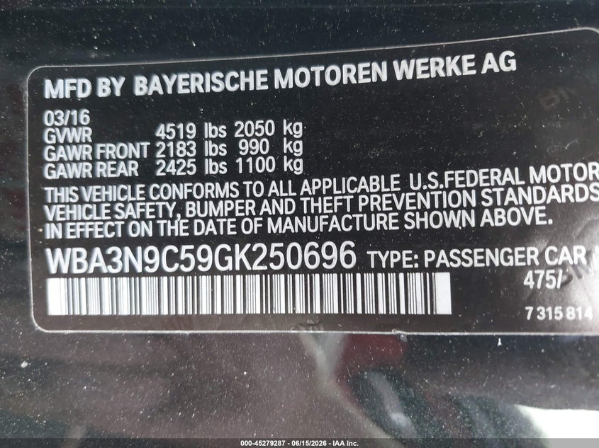2016 BMW 4er VIN WBA3N9C59GK250696 IAAI salvage auction — FRONT END, Salvage (Virginia), sold $6,300 on 2026-07-16 (photo 9)