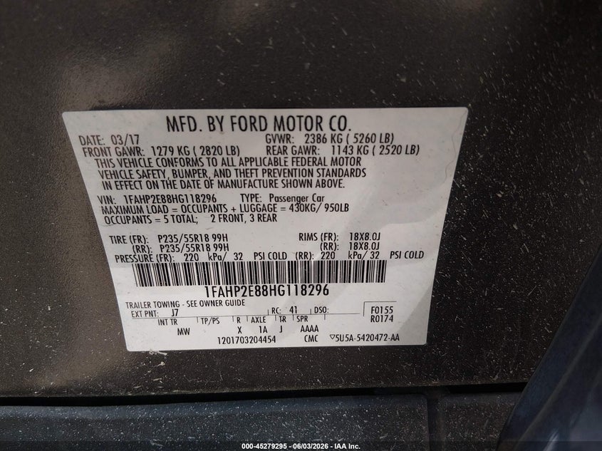2017 Ford Taurus VIN 1FAHP2E88HG118296 IAAI salvage auction — FRONT & REAR, Salvage Title, sold $3,800 on 2026-07-09 (photo 9)