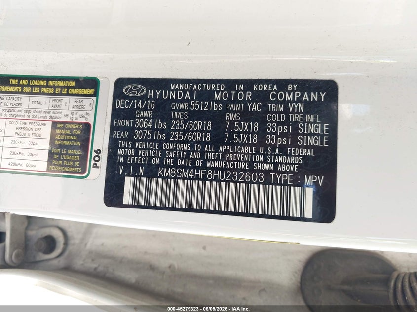2017 Hyundai Santa fe VIN KM8SM4HF8HU232603 IAAI salvage auction — FRONT END, Salvage Title, sold $3,200 on 2026-07-08 (photo 9)