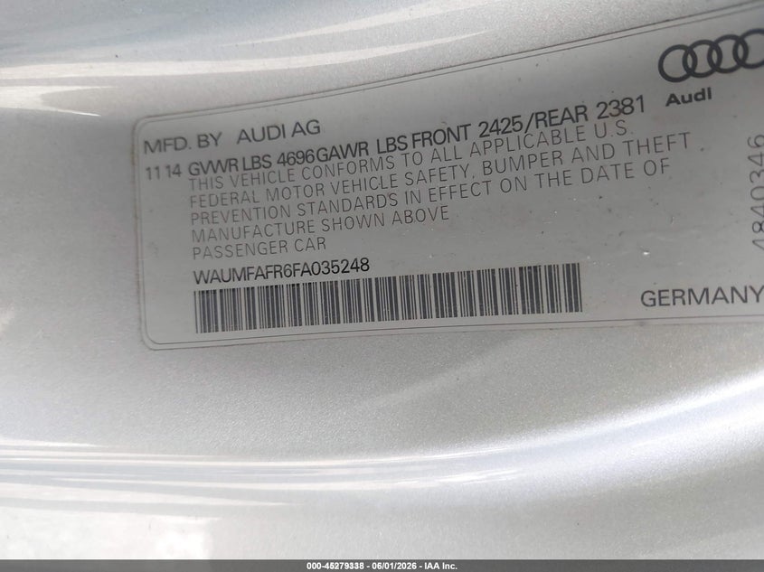 2015 Audi A5 VIN WAUMFAFR6FA035248 IAAI salvage auction — FRONT END, Clear (Virginia), sold $725 on 2026-07-15 (photo 9)