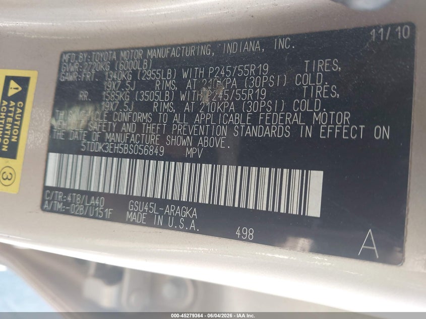 2011 Toyota Highlander VIN 5TDDK3EH5BS056849 IAAI salvage auction — NORMAL WEAR, Clear-Dealer Only (North Carolina), sold $4,150 on 2026-07-20 (photo 9)