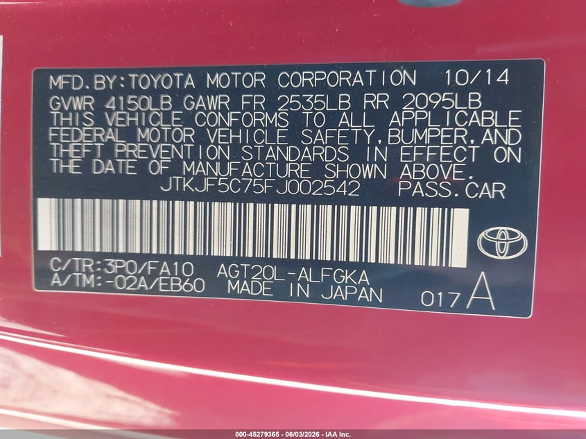 2015 Scion Tc VIN JTKJF5C75FJ002542 IAAI salvage auction — FRONT END, Salvage Title, sold $1,825 on 2026-07-07 (photo 9)