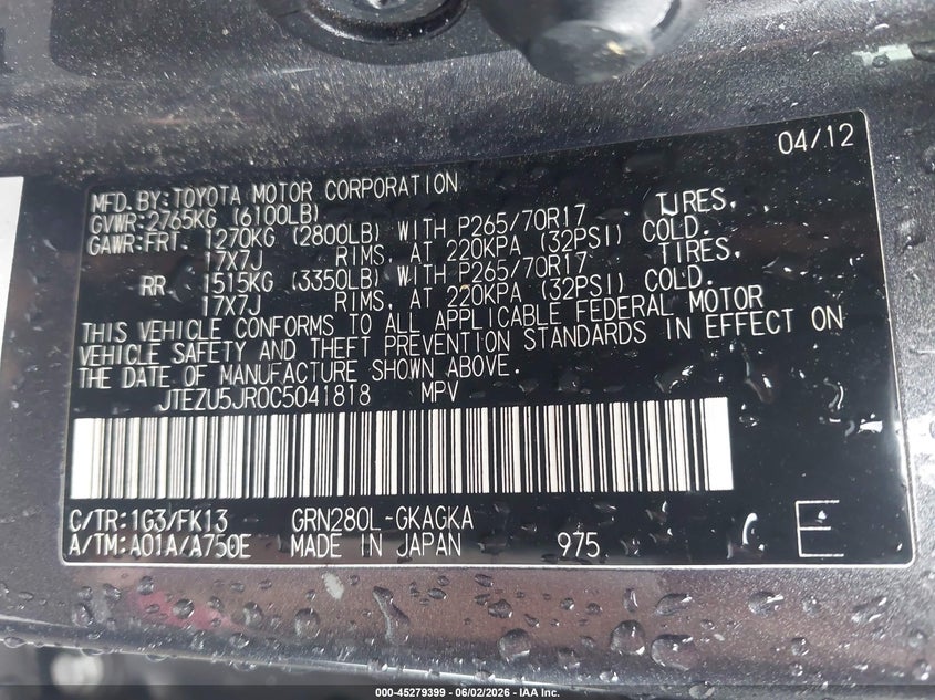 2012 Toyota 4runner VIN JTEZU5JR0C5041818 IAAI salvage auction — LEFT SIDE, Salvage (North Carolina), sold $4,950 on 2026-07-29 (photo 9)