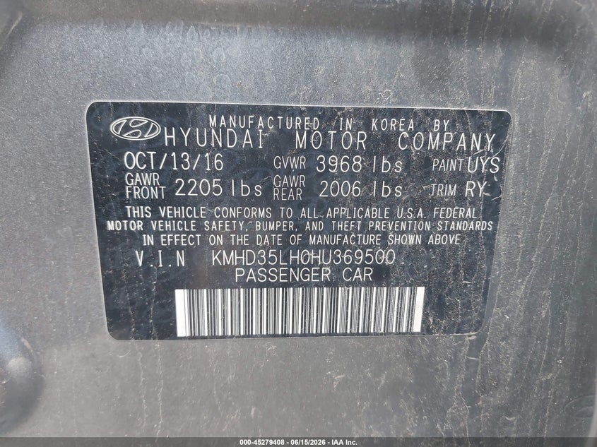 2017 Hyundai Elantra VIN KMHD35LH0HU369500 IAAI salvage auction — RIGHT FRONT, Clear (Indiana), sold $1,050 on 2026-07-21 (photo 9)
