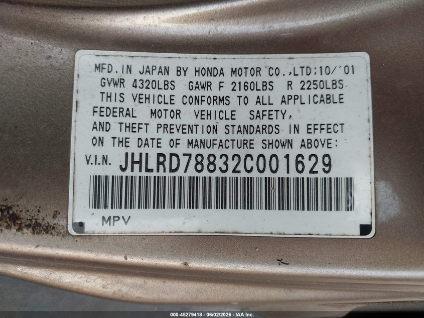 2002 Honda Cr-v VIN JHLRD78832C001629 IAAI salvage auction — NORMAL WEAR, Clear (Tennessee), sold $850 on 2026-07-22 (photo 9)