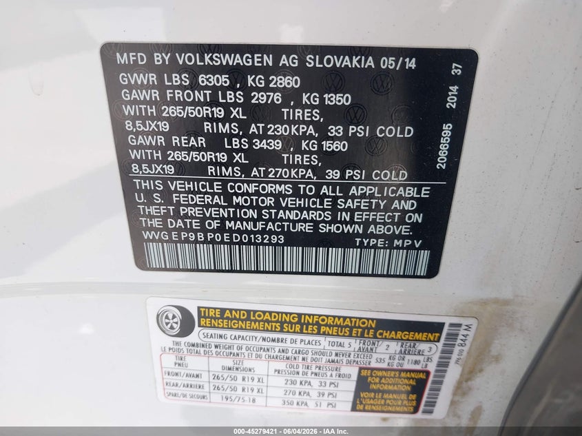 2014 Volkswagen Touareg VIN WVGEP9BP0ED013293 IAAI salvage auction — NORMAL WEAR, Clear - Dealer Only (California), sold $700 on 2026-07-20 (photo 9)