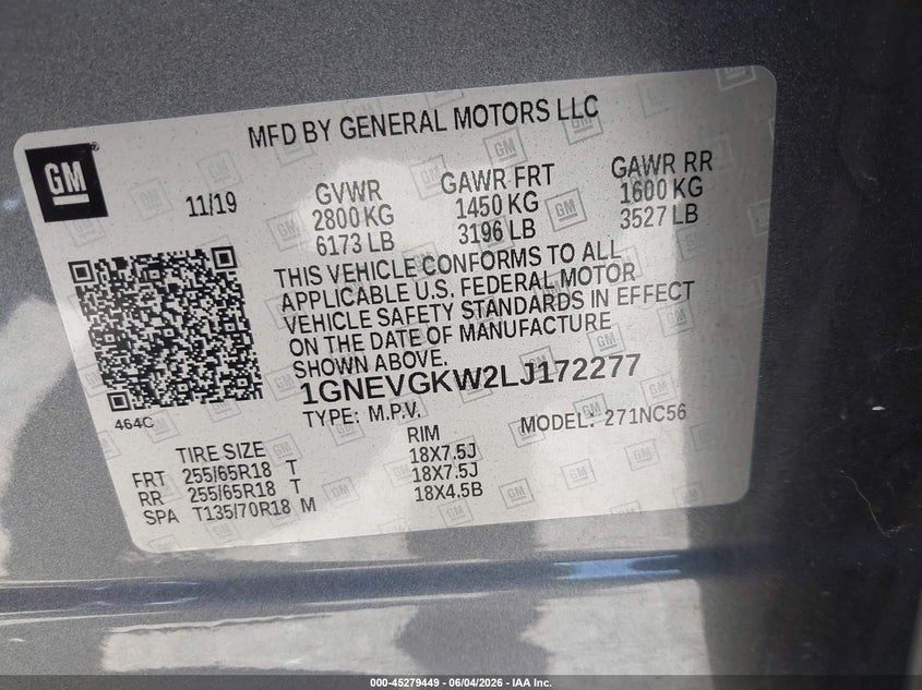 2020 Chevrolet Traverse VIN 1GNEVGKW2LJ172277 IAAI salvage auction — TRANSMISSION, Salvage Title, sold $5,550 on 2026-07-09 (photo 9)