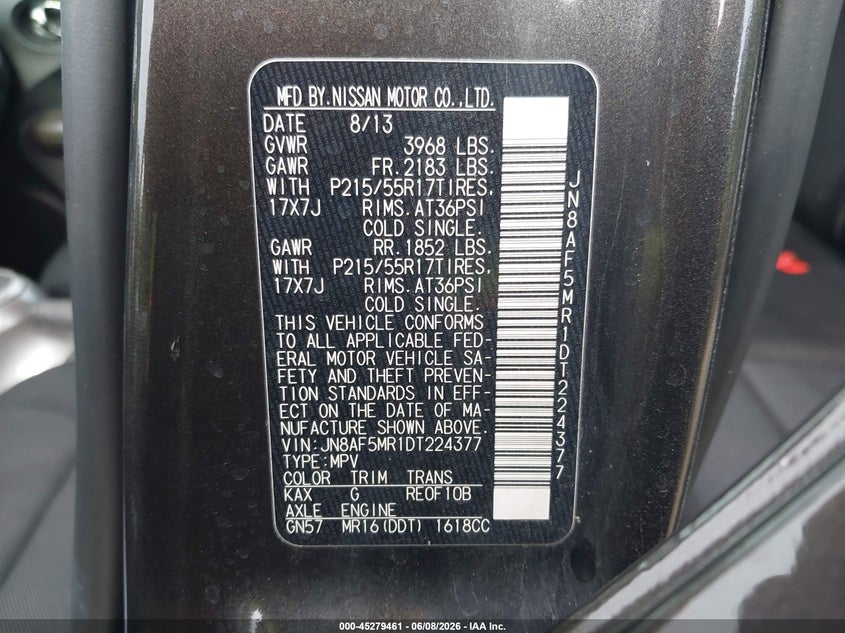2013 Nissan Juke VIN JN8AF5MR1DT224377 IAAI salvage auction — RIGHT FRONT, Salvage Title, sold $1,350 on 2026-07-08 (photo 9)