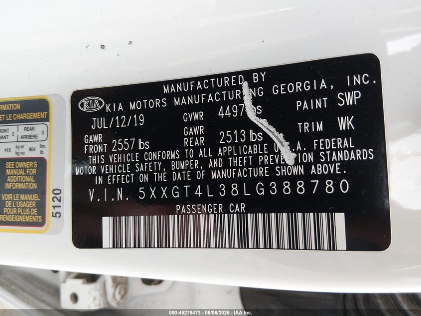 2020 Kia Optima VIN 5XXGT4L38LG388780 IAAI salvage auction — FRONT END, Salvage Title, sold $1,500 on 2026-07-16 (photo 9)