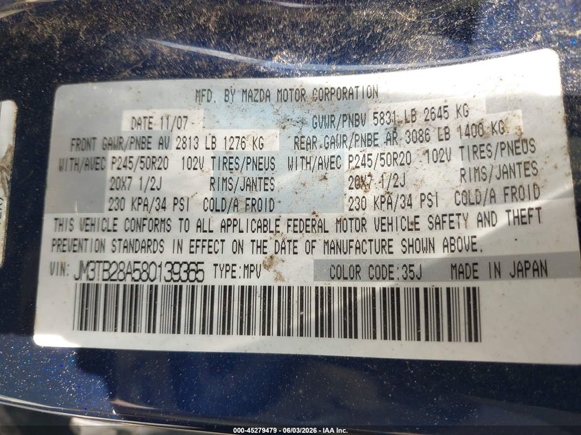 2008 Mazda Cx-9 VIN JM3TB28A580139365 IAAI salvage auction — NORMAL WEAR, Original (Texas), sold $275 on 2026-07-13 (photo 9)