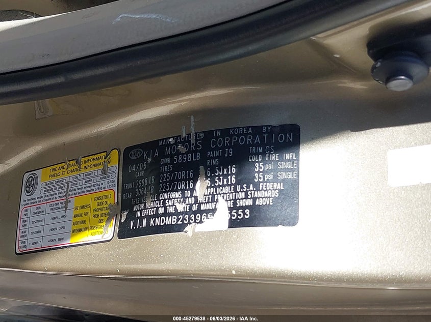 2006 Kia SEDONA VIN KNDMB233966085553 IAAI salvage auction — FRONT END, Salvage (Utah), sold $325 on 2026-07-16 (photo 9)