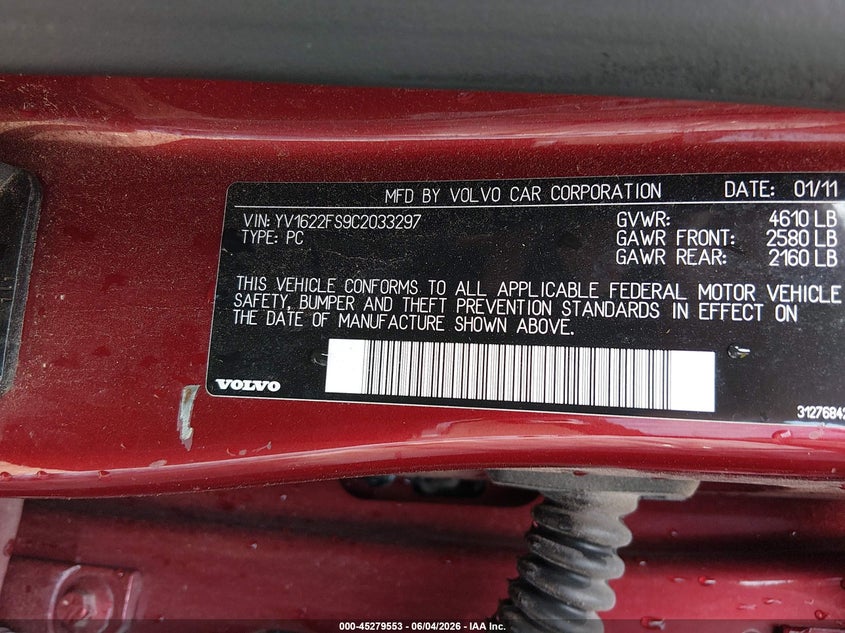 2012 Volvo S60 VIN YV1622FS9C2033297 IAAI salvage auction — LEFT SIDE, Salvage Title, sold $500 on 2026-08-07 (photo 9)