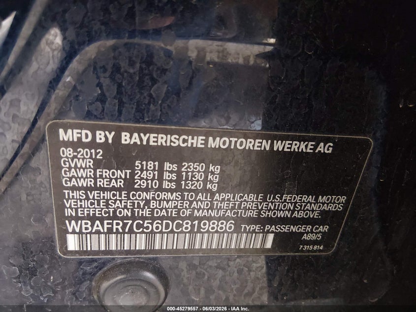 2013 BMW 5er VIN WBAFR7C56DC819886 IAAI salvage auction — FRONT END, Salvage Title, sold $975 on 2026-07-08 (photo 9)