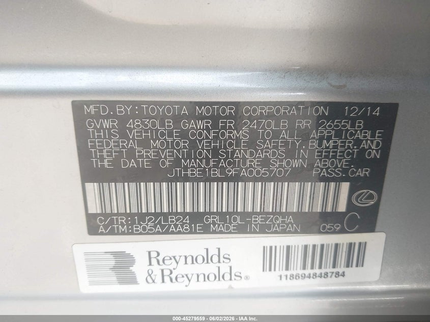 2015 Lexus Gs VIN JTHBE1BL9FA005707 IAAI salvage auction — FRONT END, Original (Texas), sold $2,950 on 2026-08-01 (photo 9)
