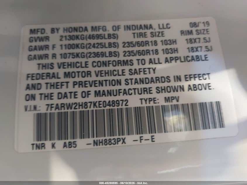 2019 Honda Cr-v VIN 7FARW2H87KE048972 IAAI salvage auction — REAR END, Salvage (Iowa), sold $6,700 on 2026-07-17 (photo 9)