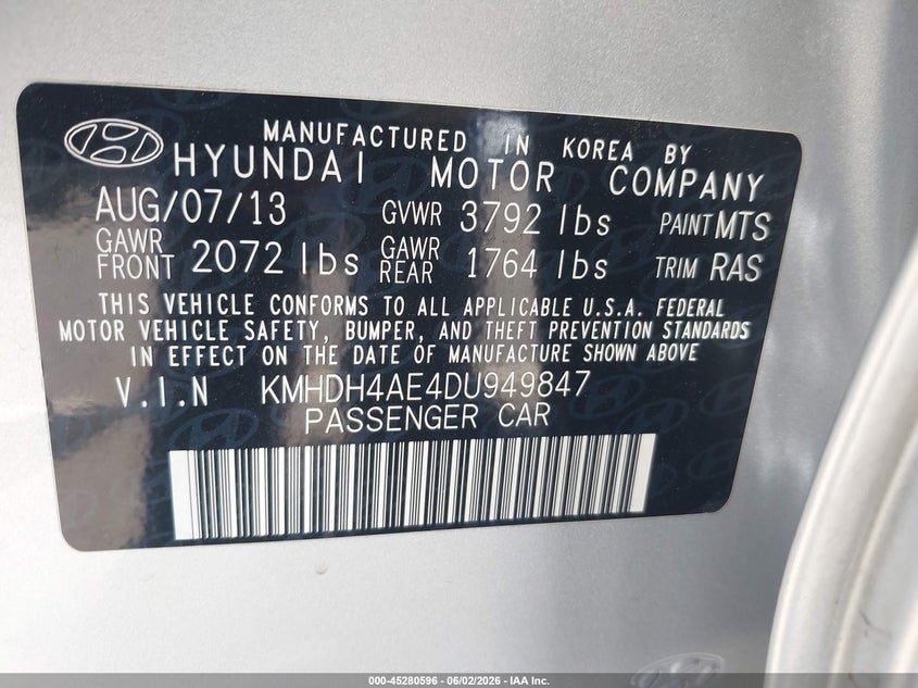 2013 Hyundai Elantra VIN KMHDH4AE4DU949847 IAAI salvage auction — REAR END, Salvage Title, sold $875 on 2026-07-07 (photo 9)