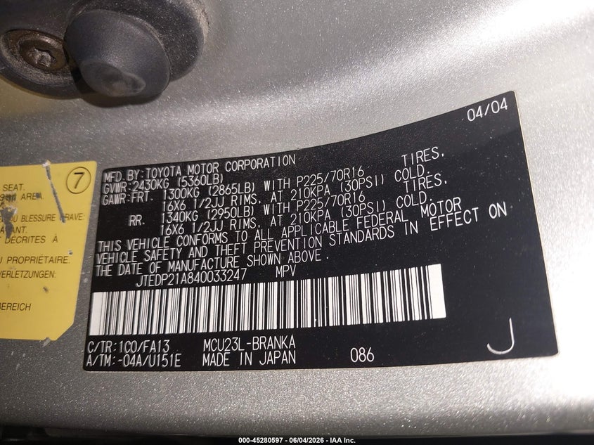 2004 Toyota Highlander VIN JTEDP21A840033247 IAAI salvage auction — FRONT END, Salvage (Arizona), sold $300 on 2026-07-14 (photo 9)