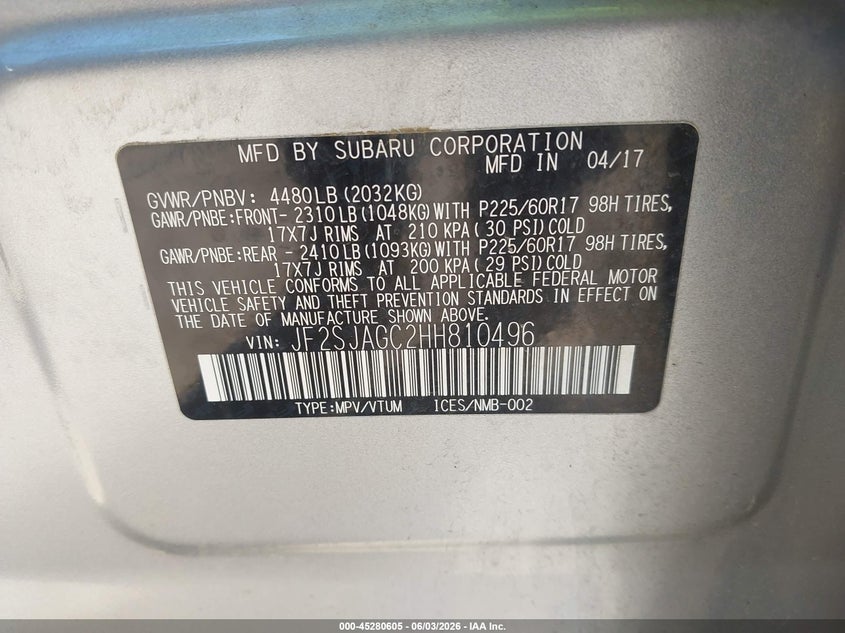 2017 Subaru Forester VIN JF2SJAGC2HH810496 IAAI salvage auction — RIGHT FRONT, Salvage Title, sold $1,400 on 2026-07-07 (photo 9)