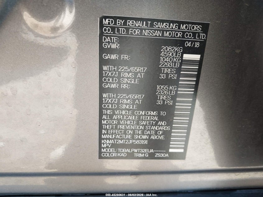 2018 Nissan Rogue VIN KNMAT2MT2JP583191 IAAI salvage auction — FRONT END, Salvage Title, sold $25 on 2026-07-29 (photo 9)