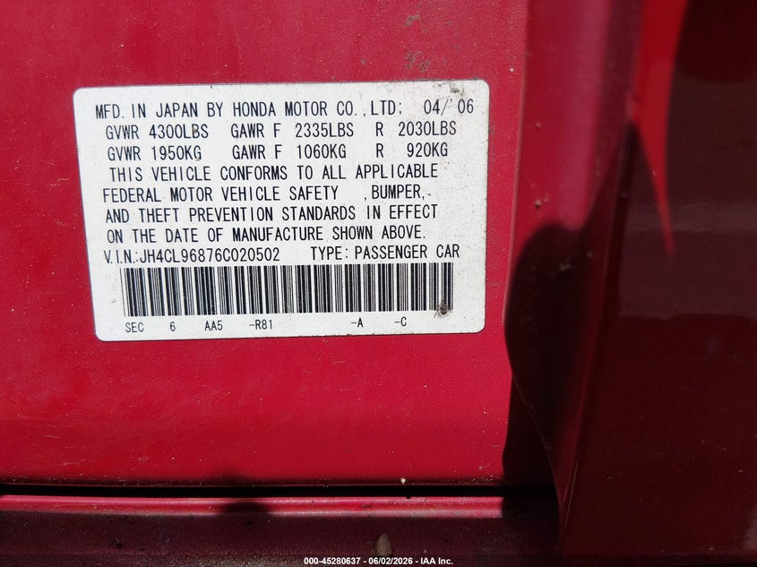 2006 Acura Tsx VIN JH4CL96876C020502 IAAI salvage auction — FRONT & REAR, Clear (New Jersey), sold $850 on 2026-07-06 (photo 9)