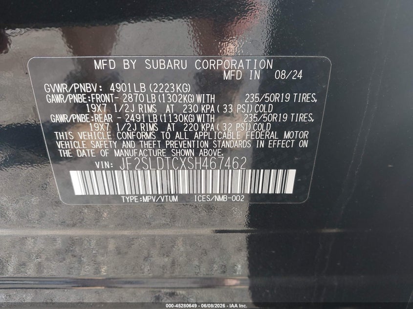 2025 Subaru Forester VIN JF2SLDTCXSH467462 IAAI salvage auction — FRONT END, Salvage Title, sold $8,950 on 2026-07-24 (photo 9)
