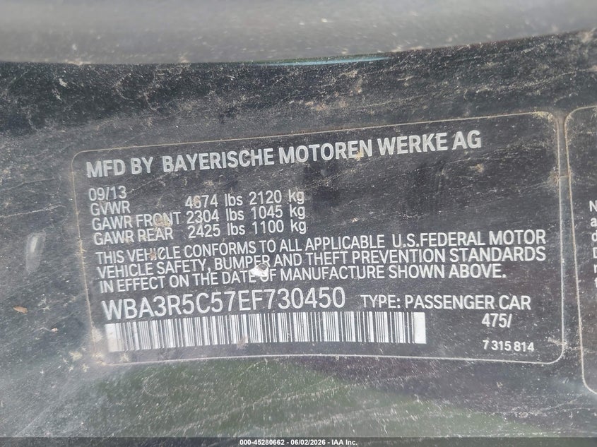 2014 BMW 4er VIN WBA3R5C57EF730450 IAAI salvage auction — NORMAL WEAR, Clear (Missouri), sold $4,325 on 2026-07-28 (photo 9)