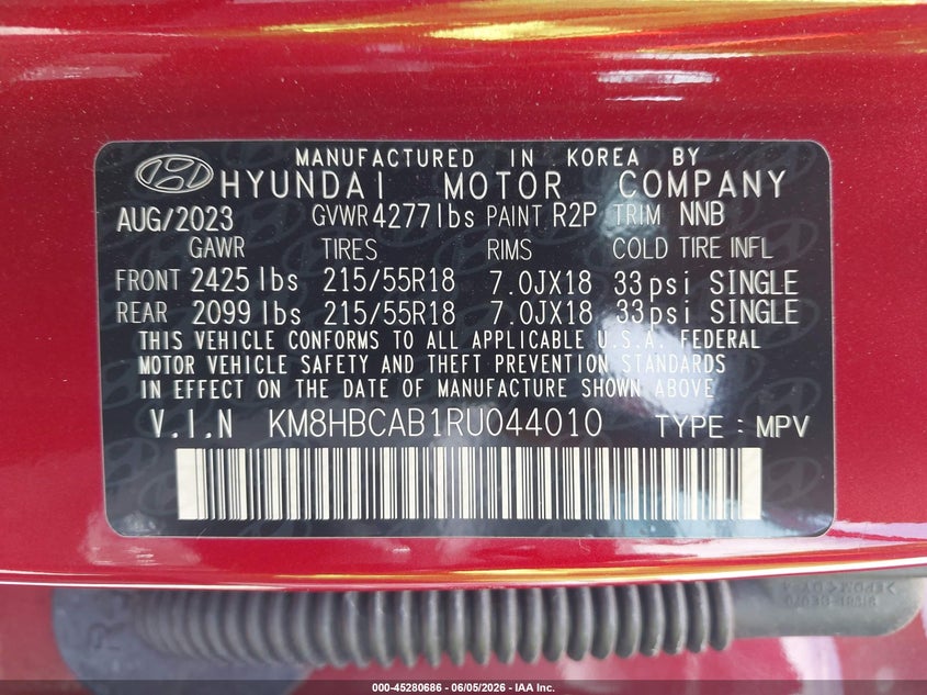 2024 Hyundai Kona VIN KM8HBCAB1RU044010 IAAI salvage auction — FRONT END, Salvage Title, sold $5,800 on 2026-07-09 (photo 9)