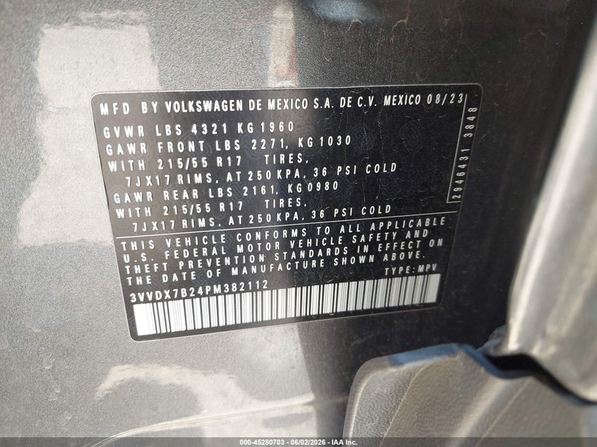 2023 Volkswagen Taos VIN 3VVDX7B24PM382112 IAAI salvage auction — ALL OVER, Salvage Title, sold $4,750 on 2026-07-23 (photo 9)