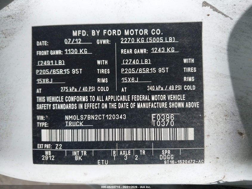 2012 Ford VIN NM0LS7BN2CT120343 IAAI salvage auction — NORMAL WEAR, Clear - Dealer Only (California), sold $600 on 2026-07-07 (photo 9)