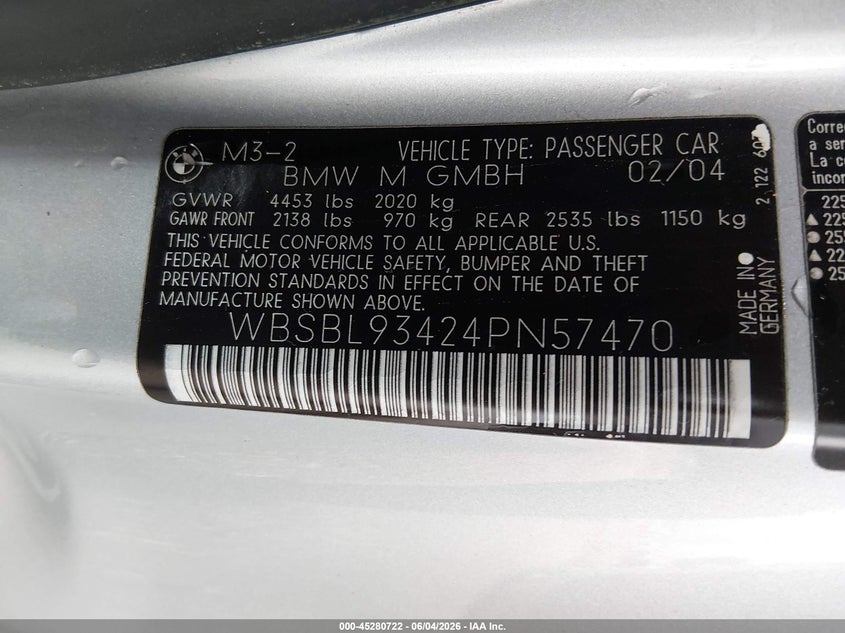 2004 BMW M3 VIN WBSBL93424PN57470 IAAI salvage auction — NORMAL WEAR, Clear (Louisiana), sold $9,250 on 2026-07-29 (photo 9)