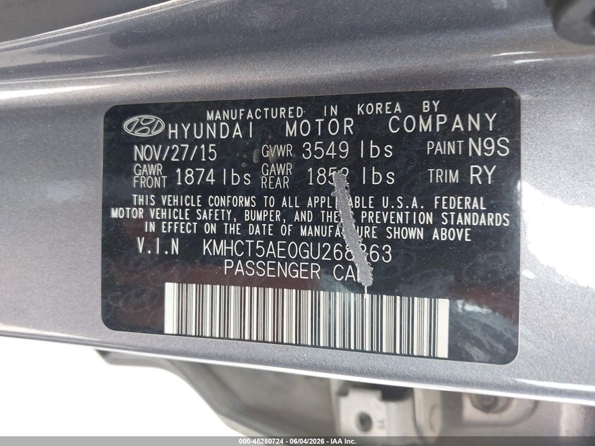 2016 Hyundai Accent VIN KMHCT5AE0GU268363 IAAI salvage auction — NORMAL WEAR, Salvage Title, sold $450 on 2026-07-13 (photo 9)