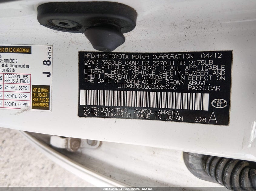 2012 Toyota Prius VIN JTDKN3DU2C0335046 IAAI salvage auction — NORMAL WEAR, Clear (Washington), sold $4,200 on 2026-07-08 (photo 9)