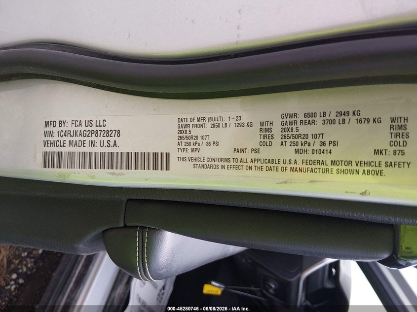 2023 Jeep Grand cherokee VIN 1C4RJKAG2P8728278 IAAI salvage auction — FRONT END, Salvage Title, sold $9,400 on 2026-08-23 (photo 9)