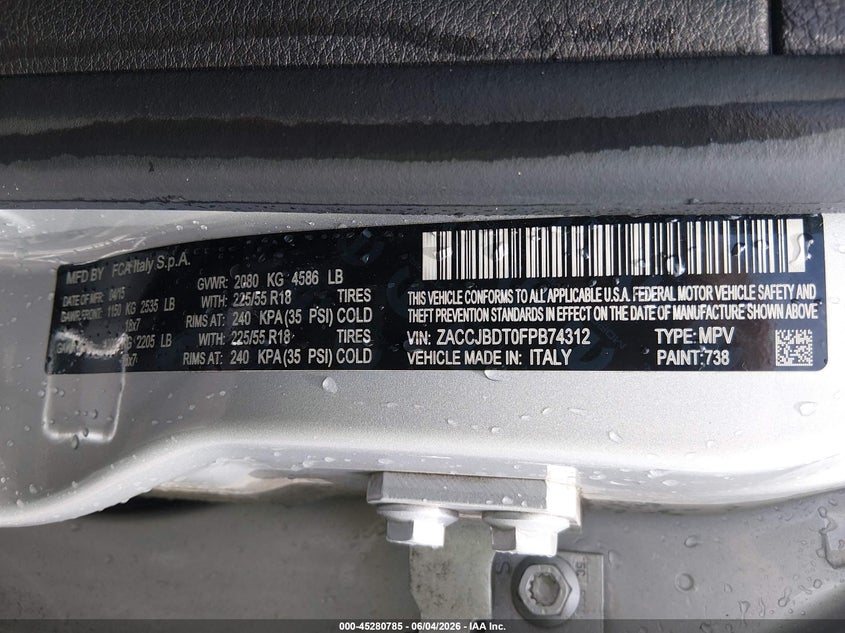 2015 Jeep Renegade VIN ZACCJBDT0FPB74312 IAAI salvage auction — HAIL, Salvage (Missouri), sold $1,700 on 2026-07-29 (photo 9)