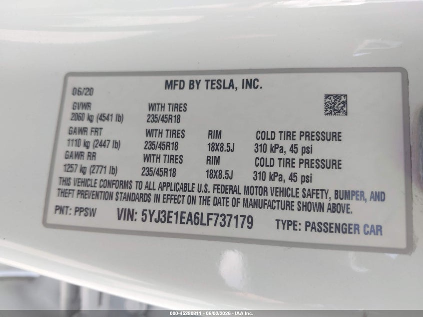 2020 Tesla Model 3 VIN 5YJ3E1EA6LF737179 IAAI salvage auction — FRONT END, Salvage Title, sold $4,700 on 2026-07-09 (photo 9)