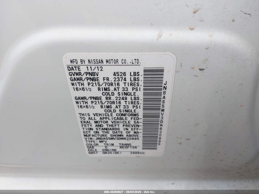 2013 Nissan Rogue VIN JN8AS5MV3DW620995 IAAI salvage auction — REAR END, Salvage Title, sold $600 on 2026-07-08 (photo 9)