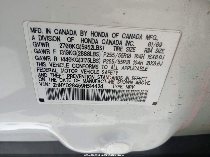 2009 Acura Mdx VIN 2HNYD28459H514424 IAAI salvage auction — MECHANICAL, Original (Texas), sold $350 on 2026-08-03 (photo 9)